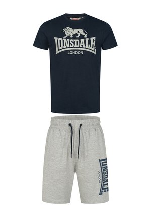 Navy T-shirt with white "Lonsdale London" logo and gray drawstring shorts featuring a dark blue logo on the side. Cotton fabric, casual fit.
