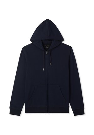Felpa con cappuccio e zip blu navy in cotone. Dotata di cappuccio con coulisse, tasche frontali e polsini e bordi a coste. Design semplice senza motivi.