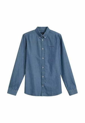 Denim overhemd in donkerblauw met een klassieke kraag, lange mouwen en een klein geborduurd logo op de borst.