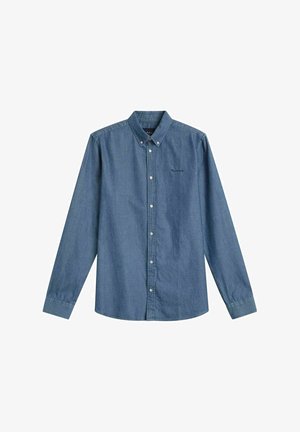 Tummansininen farkkupaitapusero, jossa klassinen kaulus, pitkät hihat ja pieni kirjailtu logo rinnassa.