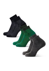 Vier Paar Knöchelsocken: schwarz mit geometrischem Muster, dunkelgrün kariert, einfarbig grün und dunkelgrau mit strukturierter Oberfläche.
