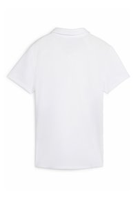 Vit kortärmad polo tröja liggande plant, som visar baksidan med krage på en enkel vit bakgrund.