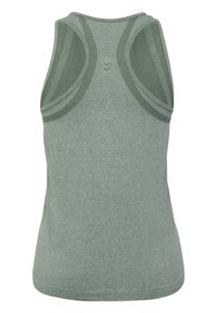 Green athletic tank top made from a textured fabric. Features a racerback design with contrasting mesh accents for breathability.