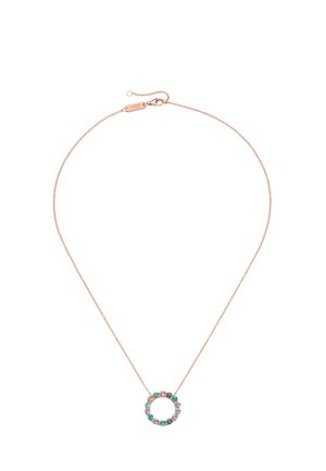 Goldkette mit einem runden Anhänger aus mehrfarbigen Edelsteinen, präsentiert auf weißem Hintergrund.
