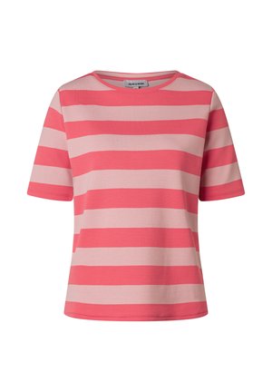 Women's short-sleeve T-shirt with wide horizontal coral pink and light pink stripes, crew neckline, and a straight hem.