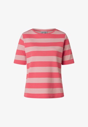 Women's short-sleeve T-shirt with wide horizontal coral pink and light pink stripes, crew neckline, and a straight hem.