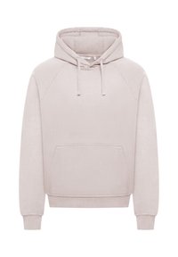 Helle beige Kapuzenpullover mit einer Fronttasche, gerippten Bündchen und Saum. Aus weichem Stoff mit glatter Textur hergestellt.