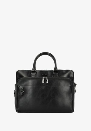 Valigetta in pelle nera con manici superiori doppi, una tasca con zip frontale e minuterie in tonalità argento. Texture liscia, forma rettangolare, dettagli minimi.