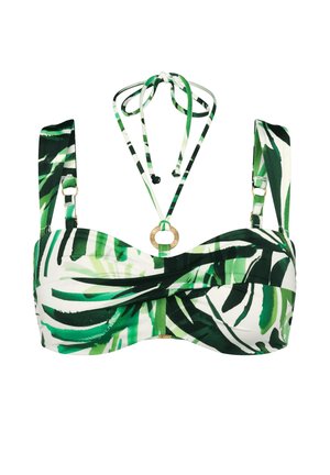 Góra bikini z tropikalnym nadrukiem zielonych i białych liści, regulowanymi ramiączkami na ramiona i wiązaniem na szyi typu halter z ozdobą w postaci złotego pierścienia.