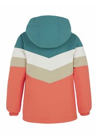 Giacca colorata con un design a chevron triangolare in turchese, bianco, beige e corallo. Presenta un cappuccio e polsini elasticizzati.