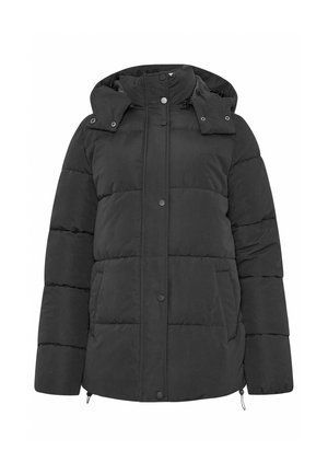 Svart vadderad jacka med huva, tryckknappar och två framfickor. Tyget är texturerat med quiltade sektioner för isolering.