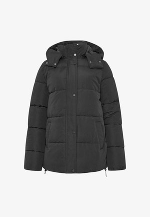 Svart vadderad jacka med huva, tryckknappar och två framfickor. Tyget är texturerat med quiltade sektioner för isolering.