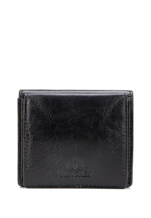 Czarny składany skórzany portfel z widoczną fakturą ziarna i wytłoczonym logo „WITTCHEN” na środku przodu.