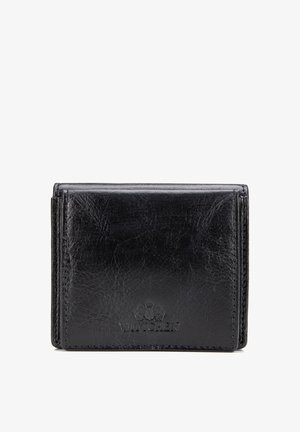 Schwarzes Leder-Faltgeldbörse mit sichtbarer Narbenstruktur und geprägt Logo "WITTCHEN" vorne in der Mitte.