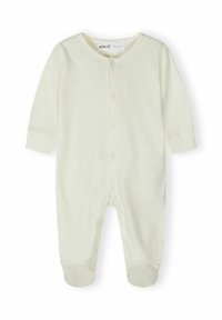 Grenouillère pour bébé à manches longues et pieds, de couleur crème, avec des boutons-pression à l'avant et un col rond, étiquetée Minoti.