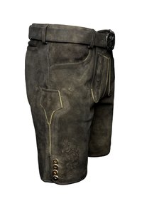 Lædershorts i mørkegrå med gule syninger. Har en høj talje, sidelommer og dekorativ broderi på benet.