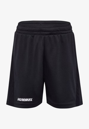 Shorts de sport noirs avec une taille élastique. Fabriqués en tissu respirant, avec un motif texturé et un logo "HUMMEL" blanc sur la jambe.