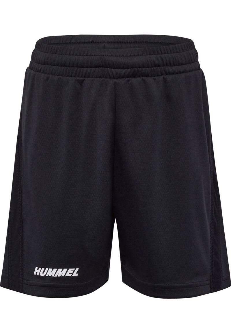 Svarta träningsshorts med elastisk midja. Tillverkade av ett ventilerande tyg, med ett texturerat mönster och vit "HUMMEL"-logotyp på benet.