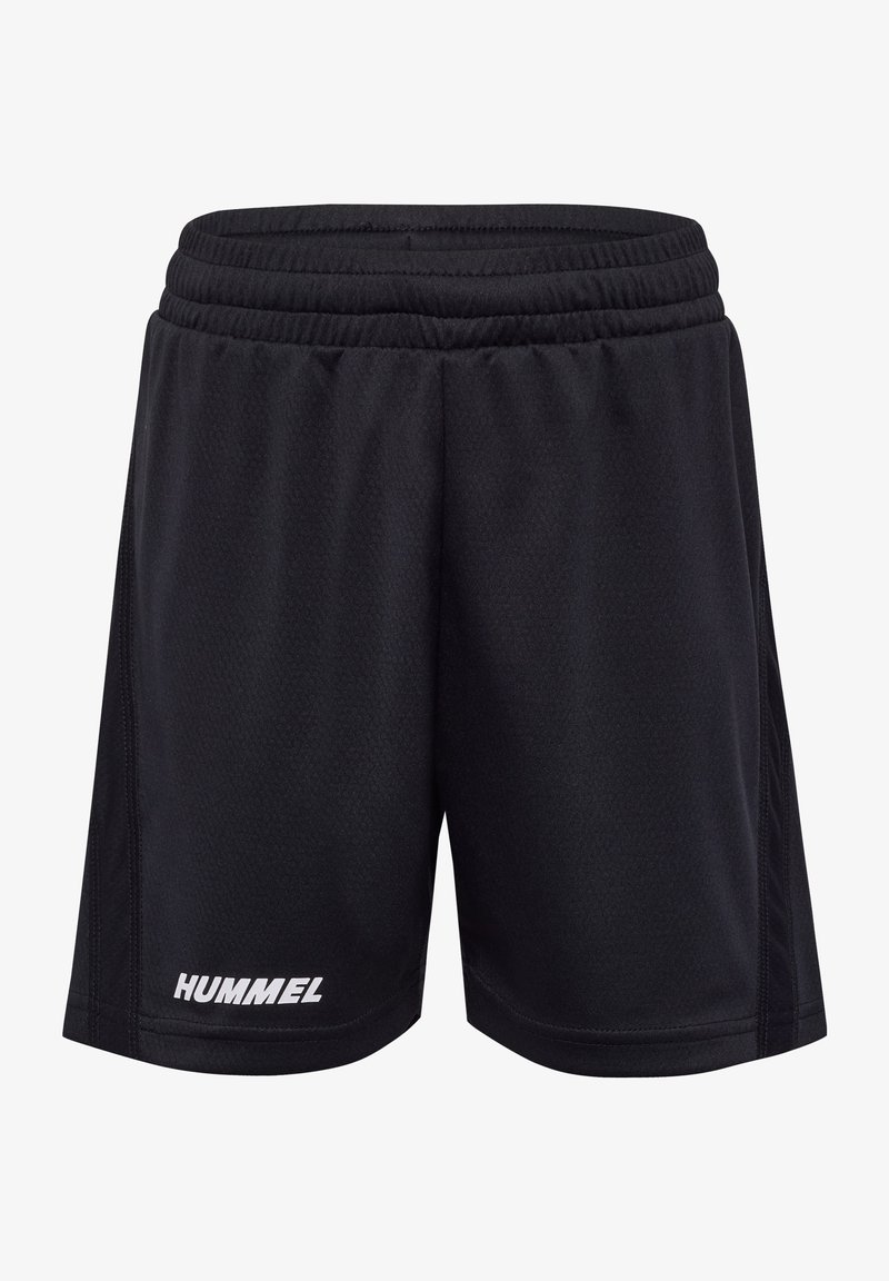 Pantalones cortos deportivos negros con cinturilla elástica. Fabricados en tejido transpirable, con un patrón texturizado y el logo blanco de "HUMMEL" en la pierna.