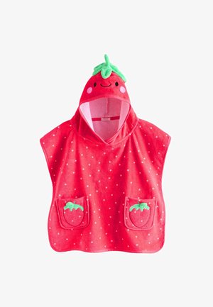 Roter Kapuzen-Poncho-Handtuch mit weißen Punkten, Erdbeerdesign auf den Taschen und einem grünen Blätterakzent an der Kapuze. Weicher Stoff.