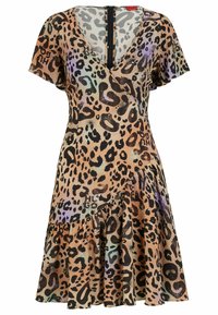 Leopard print dress in light brown, featuring short sleeves, a v-neckline, and a ruffled hem, with black and multicolored accents.