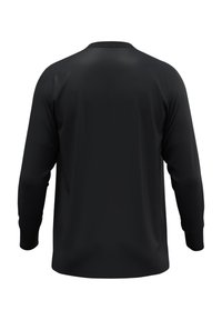 Schwarzes Langarmshirt mit Rundhalsausschnitt. Hergestellt aus glattem Stoff, mit gerippten Bündchen und Saum, zeigt ein einfaches, klassisches Design.