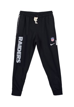 Pantaloni da allenamento neri realizzati in un tessuto morbido con un fit affusolato, caratterizzati dalla scritta "RAIDERS" in grandi lettere riflettenti e tasche laterali con zip.
