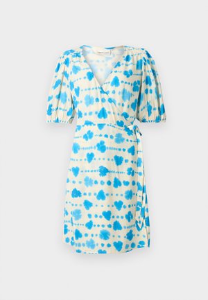 Kratka obleka s kratkimi rokavi iz kremnega blaga, ki je okrašena z modrimi tie-dye vzorci. Obleka ima poudarjen pas in široko krilo ter podrobnost s stranim zavozlom.