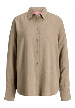 Beiges Hemd mit langen Ärmeln und Knöpfen, mit Kragen, aus strukturiertem Stoff, mit lockerem Schnitt und abgerundetem Saum.