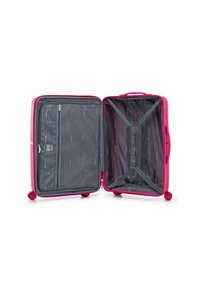 Maleta rígida rosa con un zip resistente, bolsillo de malla y correas interiores. Ruedas suaves y asas dobles para un transporte fácil.