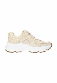 Sneaker en toile beige avec des bords effilochés, des détails texturés et une semelle blanche épaisse. Présente des lacets et une semelle en caoutchouc pour une meilleure adhérence.