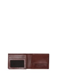 Bruine leren portemonnee met een tweevoudig ontwerp, voorzien van kaartsleuven, een doorzichtig ID-venster en een getextureerde binnenzijde. Geen zichtbare metalen accenten.