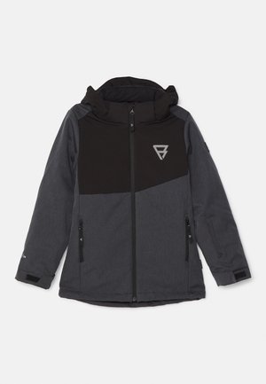 Dunkelgraue und schwarze Kapuzenjacke mit Frontreißverschluss, zwei Reißverschlusstaschen und einem weißen dreieckigen Logo auf der Brust.