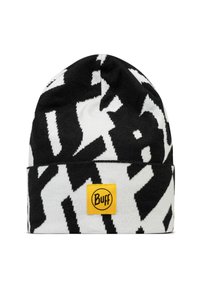 Knit beanie in black and white with abstract pattern. Features yellow Buff logo patch on the folded brim. Soft texture, warm design.