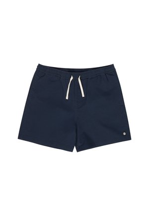 Pantaloncini da bagno blu navy con coulisse bianca, vita elastica, tasche laterali e piccolo patch logo rotondo sull'orlo inferiore sinistro.