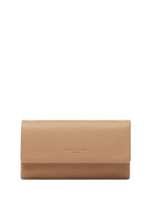 Beige Leder-Faltbrieftasche mit geprägt "Liebeskind Berlin" Logo mittig auf der Vorderklappe.