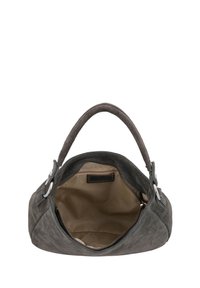 Graue Wildleder-Handtasche mit einem einzelnen oberen Griff, offener Reißverschluss, der das beige Innenfutter und eine kleine Innentasche zeigt.