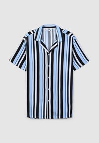 Camicia a maniche corte con bottoni, caratterizzata da audaci righe verticali blu e nere. Realizzata in tessuto leggero, con colletto classico e orlo dritto.