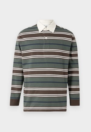 Polo a maniche lunghe con righe verde, marrone e bianco. Presenta un colletto color crema e una piastra con due bottoni. Materiale in cotone morbido.