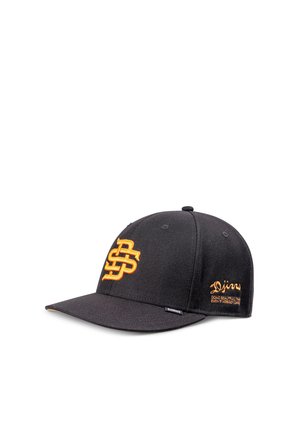 Black baseball cap with orange embroidered logo on front and orange text on side, displayed against a white background.