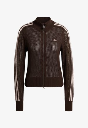 Brun netstrikket Adidas lynlåstrøje med høj krave, tre hvide striber på ærmerne og trefoil-logo på brystet.