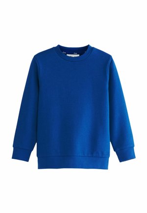 Sweat-shirt bleu à manches longues avec col rond, poignets et ourlet côtelés, design simple, présenté sur fond blanc.