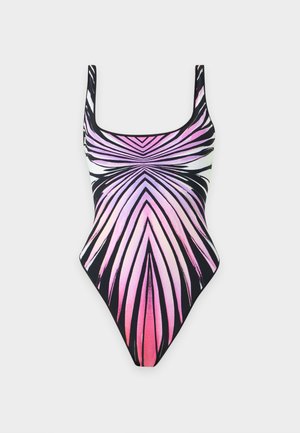 Maillot de bain une pièce avec larges bretelles, présentant un motif symétrique en dégradé noir et rose rappelant des feuilles de palmier rayonnantes.