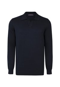 Schwarzes, gestricktes Poloshirt mit langen Ärmeln und Kragen, das eine lockere Passform und gerippte Bündchen aufweist. Glatte Textur und minimale Details.