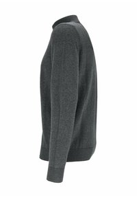 Grau strukturierter Pullover mit rundem Ausschnitt, gerippten Bündchen und Saum. Verfügt über ein dezentes Muster im Stoff. Seitenansicht.