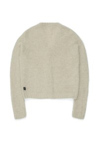 Hellbeiger Strickpullover mit Rundhalsausschnitt und gerippten Bündchen. Hergestellt aus weichem, strukturiertem Material. Das Etikett befindet sich an der Seite.