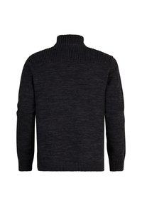 Suéter de punto en gris oscuro con un cuello alto, textura acanalada en los hombros y el dobladillo, y mangas largas. Ideal para uso casual.