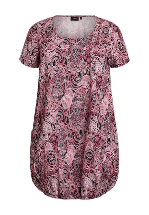 Rosa och svart mönstrad kortärmad topp med rundad halsringning och gatherad fåll. Den har svängningar och blommönster på ett mjukt tyg.