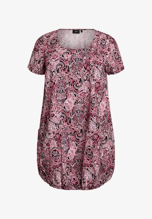 Rosa und schwarz gemusterter Kurzarm-Top mit U-Boot-Ausschnitt und gerafftem Saum. Verziert mit Wirbeln und floralen Motiven auf einem weichen Stoff.