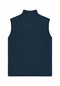 Veste sans manches en polaire bleu marine avec col montant et empiècement d'épaule uni, vue de dos sur fond blanc.